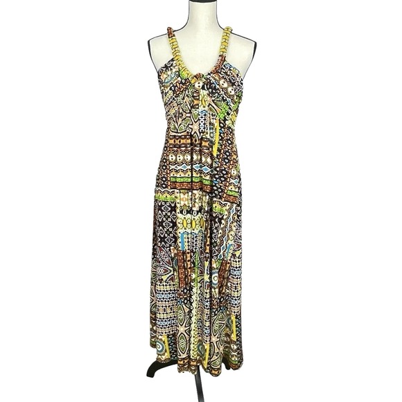 Calvin Klein Boho Tribal Babydoll Midi‎ Halter Dress Size 6 Tie Front Resortwear - Picture 1 of 7